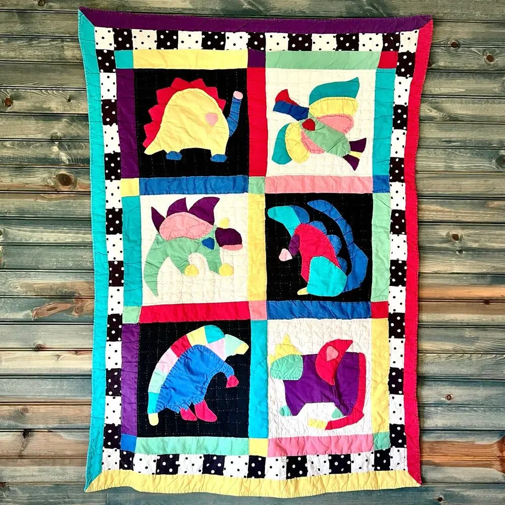 Vintage Dinosaur Baby Quilt Blanket Cotton Patchwork Nursery Wall Hanging 46x34